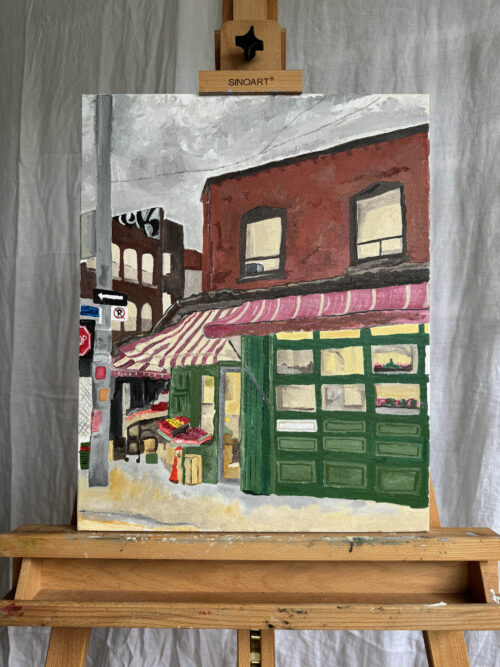 The original acrylic on canvas painting of a corner shop in Kensington Market, Toronto.