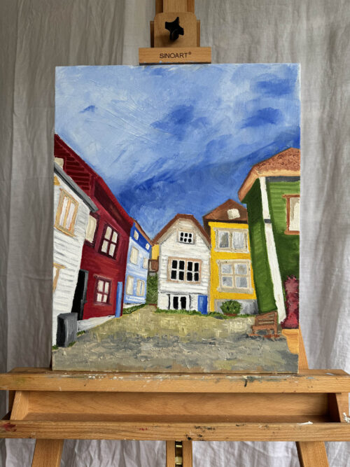 The original painting of a row of colorful houses in Bergen, Norway