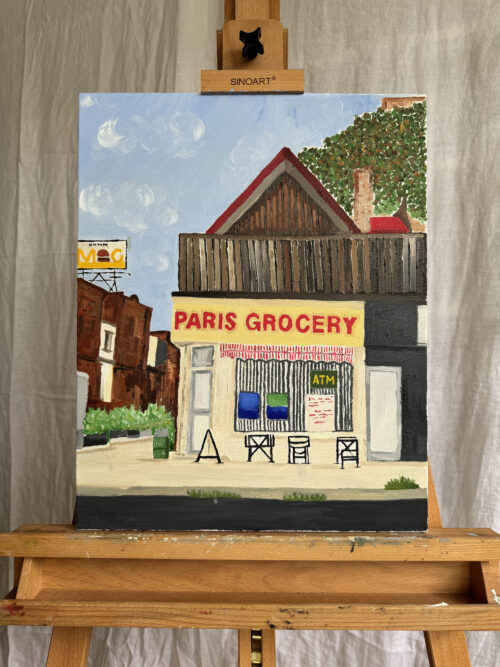 The original painting of Paris Grocery in Toronto, painted in oil on canvas