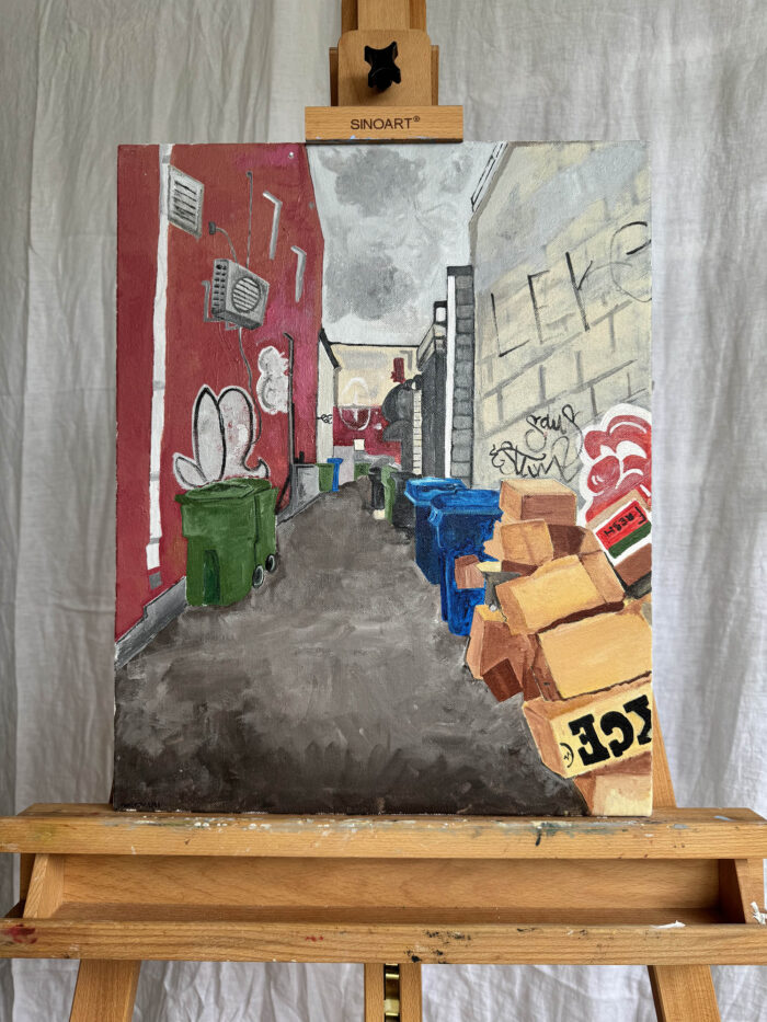 The original acrylic on canvas painting of an alleyway off of Spadina Avenue in Toronto.