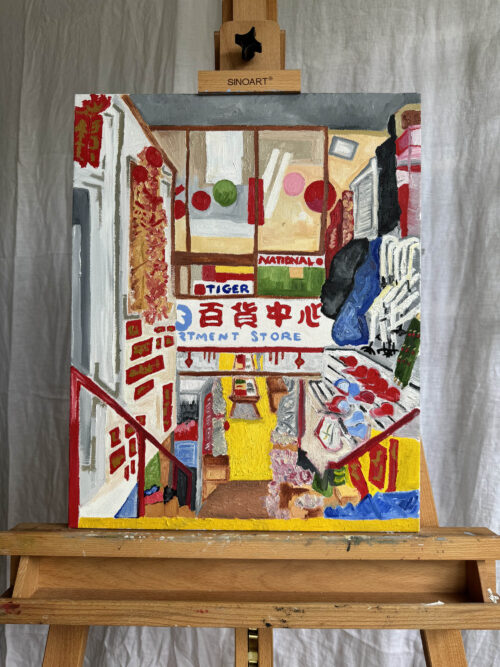 The original Chinatown painting, a bright and colourful store entrance that heads down a flight of stairs into a shop.