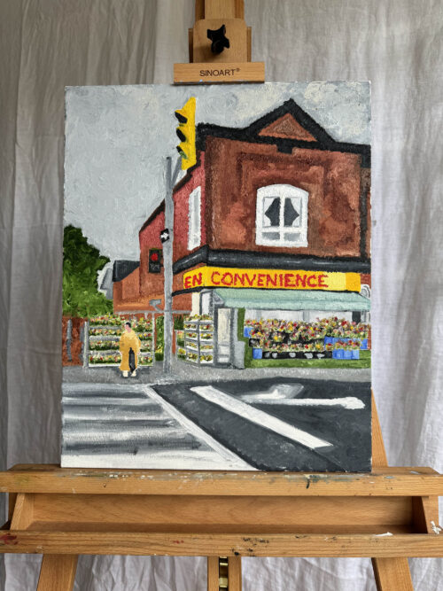 The original oil on canvas painting of a convenience store at the corner of Robert Street, Toronto.