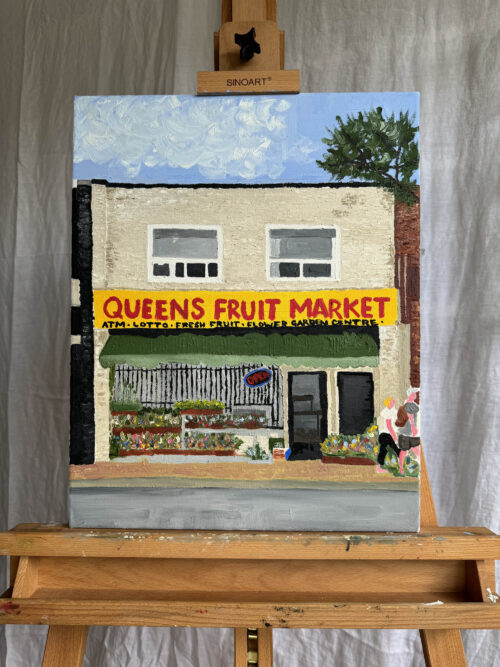 The original oil on canvas painting of Queen's Fruit Market, a convenience store on Queen Street, Toronto.