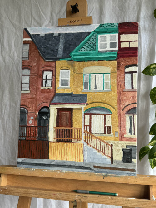 The original Beverly Street painting of 2 row houses, painted in oil on canvas.