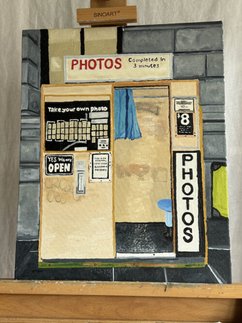 The original oil on canvas painting of Flinders Street, the old photo booth at Flinders Street Station in Melbourne, Australia. Painted in oil on canvas.