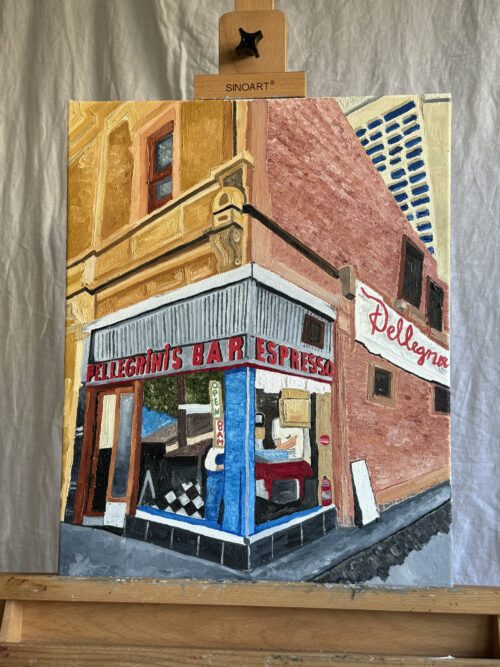 Oil on canvas painting of Pellegrini's Espresso bar in Melbourne, Australia.