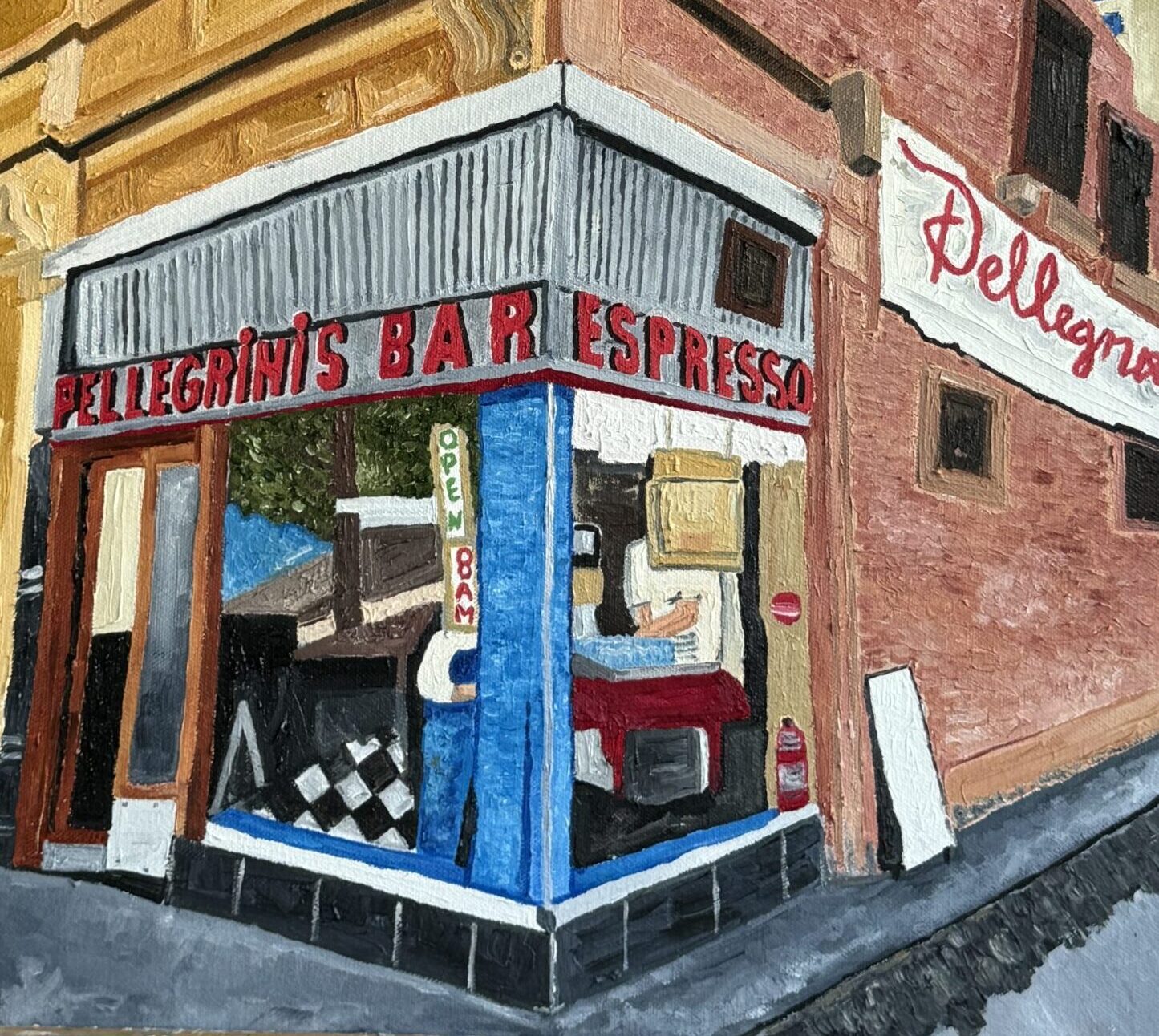 Oil on canvas painting of Pellegrini's Espresso bar in Melbourne, Australia.