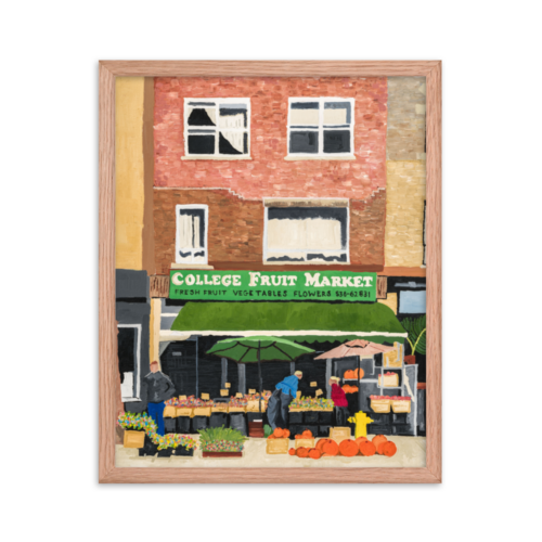 A framed print of College Fruit Market in Toronto, 16 x 20, red oak