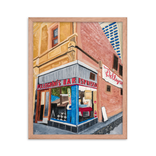 A framed print of Pellegrini's Espresso Bar in Melbourne, Australia 8 x 10, red oak