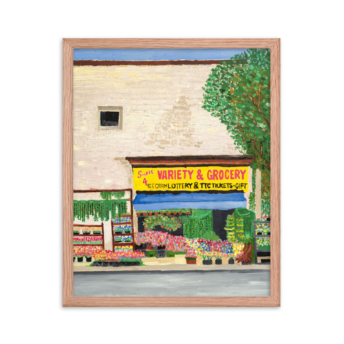 A framed print of a Variety Store in Toronto, 16 x 20, red oak.